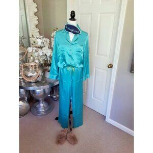 La Senza blue & lime green satin-like pajama long sleeve top & pants set S